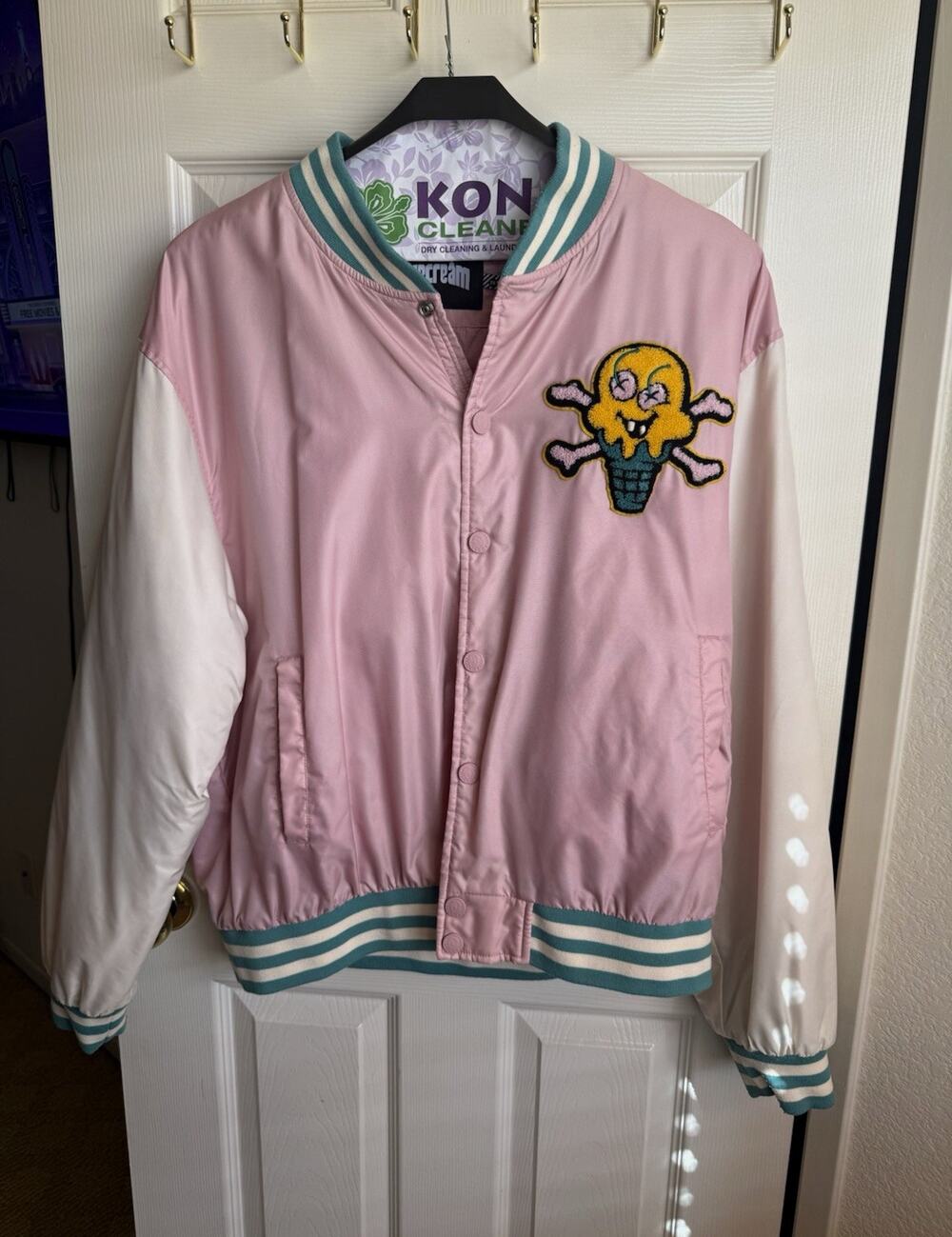 ICECREAM Pink/White Varsity Jacket Mens 3XL Snap Front Nylon Lined Pockets